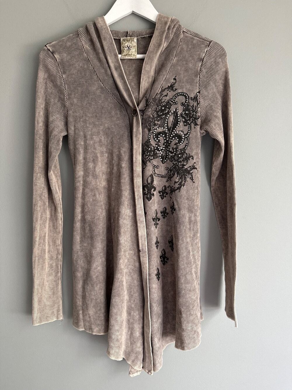 Vocal Women M Waffle Knit Hooded Cardigan Taupe Y2K Grunge Rhinestone Vintage Gl